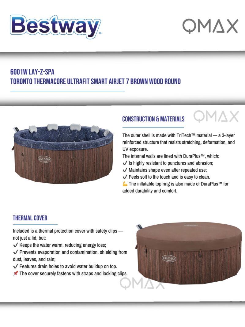Bestway Lay-Z-Spa 1.90m x 70cm Toronto ThermaCore UltraFit Smart AirJet 7 Brown Wood Round Inflatable Spa - 6001W - Image 14