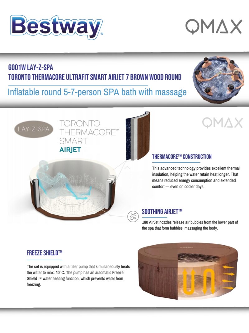 Bestway Lay-Z-Spa 1.90m x 70cm Toronto ThermaCore UltraFit Smart AirJet 7 Brown Wood Round Inflatable Spa - 6001W - Image 12