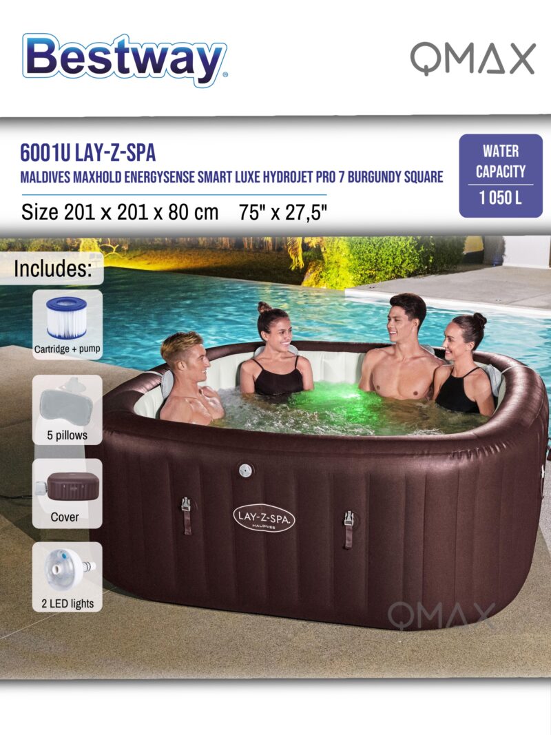 Bestway Lay-Z-Spa 2.01m x 2.01m x 80cm Maldives MaxHold EnergySense Smart Luxe HydroJet Pro 7 Burgundy Square Inflatable Spa - 6001U - Image 10