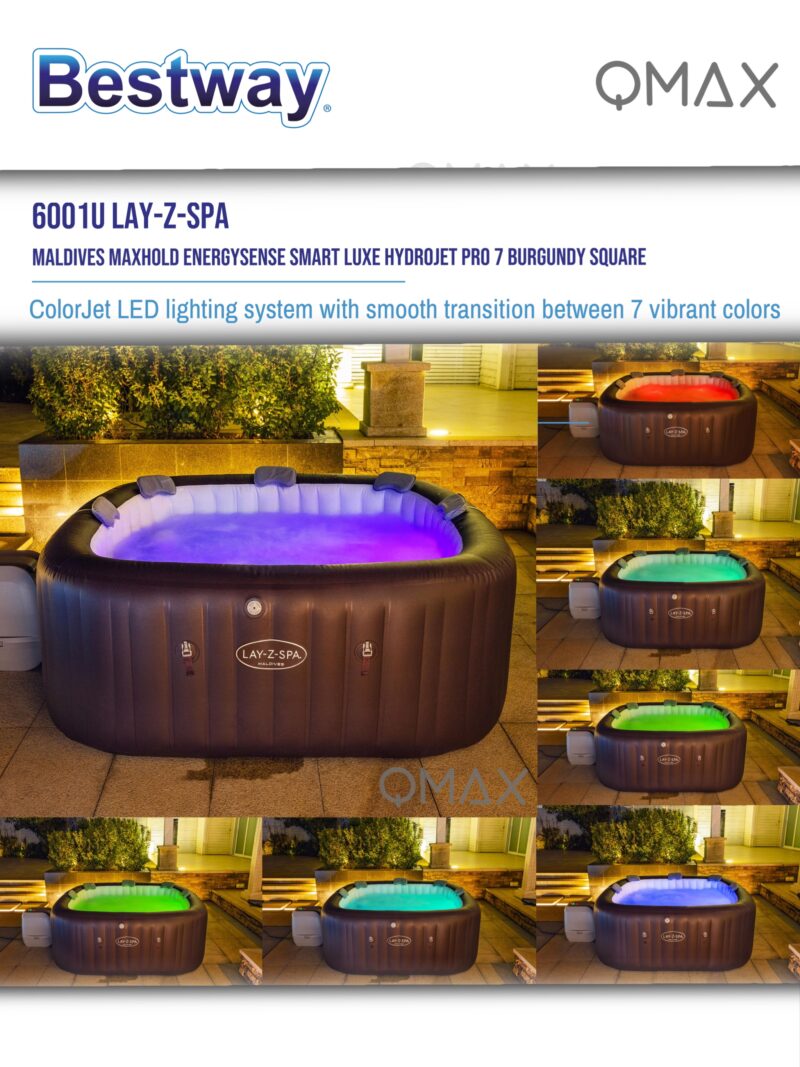 Bestway Lay-Z-Spa 2.01m x 2.01m x 80cm Maldives MaxHold EnergySense Smart Luxe HydroJet Pro 7 Burgundy Square Inflatable Spa - 6001U - Image 9
