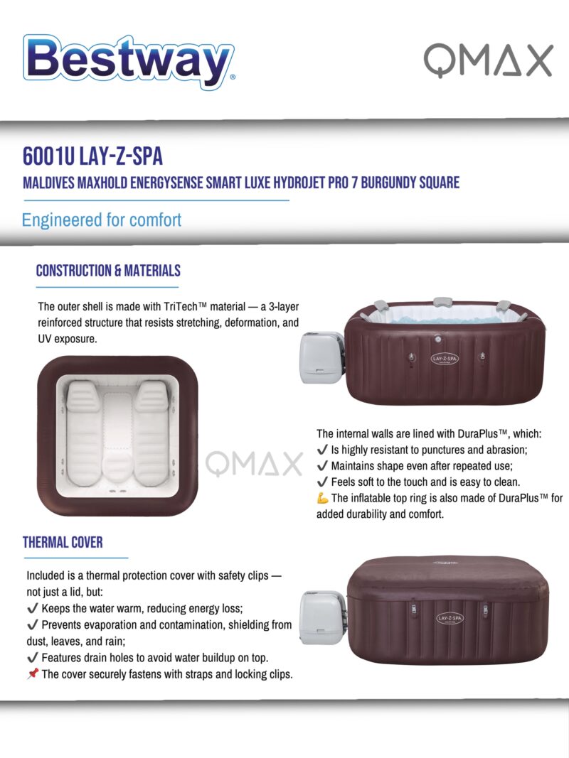 Bestway Lay-Z-Spa 2.01m x 2.01m x 80cm Maldives MaxHold EnergySense Smart Luxe HydroJet Pro 7 Burgundy Square Inflatable Spa - 6001U - Image 13