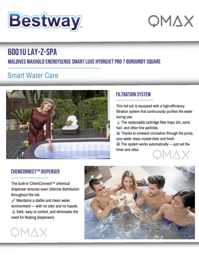 Bestway Lay-Z-Spa 2.01m x 2.01m x 80cm Maldives MaxHold EnergySense Smart Luxe HydroJet Pro 7 Burgundy Square Inflatable Spa - 6001U - Image 14