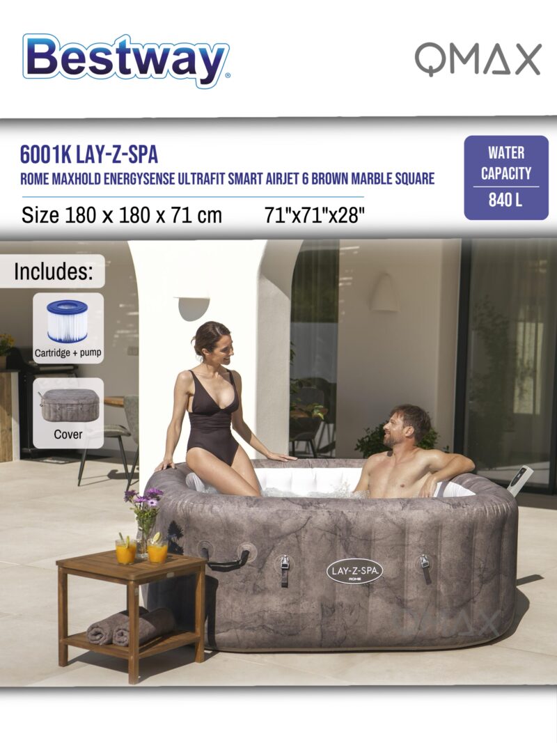 Bestway Lay-Z-Spa 1.80m x 1.80m x 71cm Rome MaxHold EnergySense UltraFit Smart AirJet 6 Brown Marble Square Inflatable Spa - 6001K - Image 7