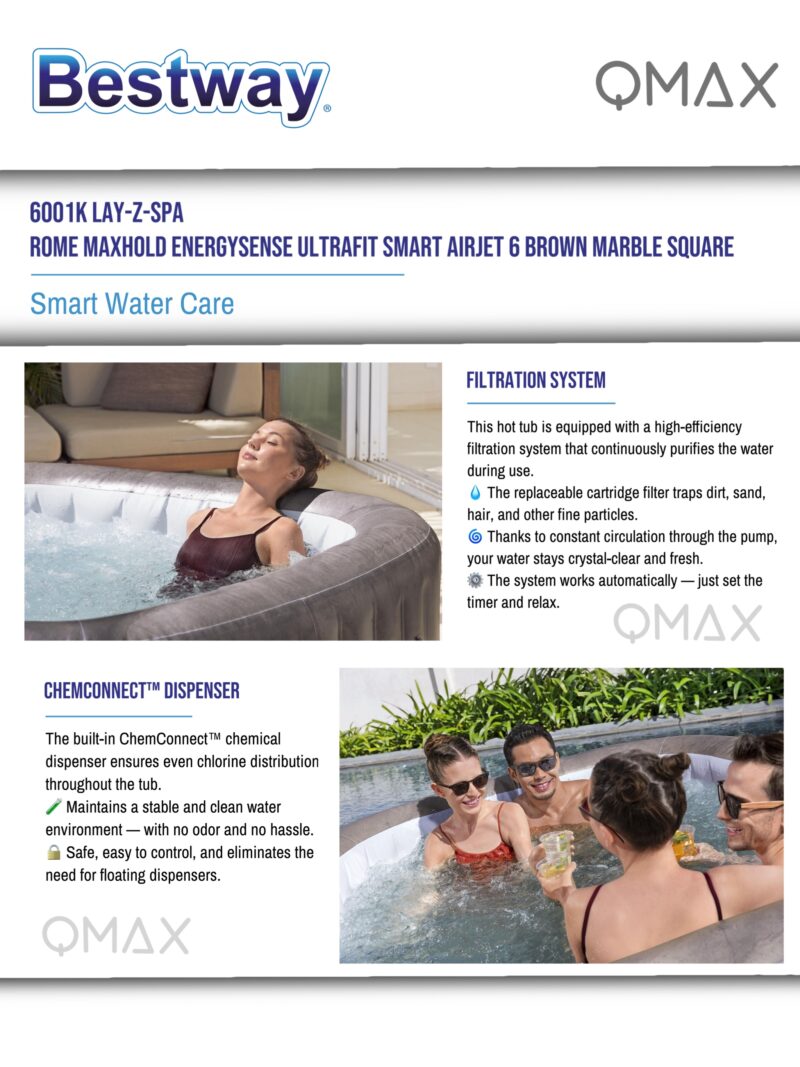 Bestway Lay-Z-Spa 1.80m x 1.80m x 71cm Rome MaxHold EnergySense UltraFit Smart AirJet 6 Brown Marble Square Inflatable Spa - 6001K - Image 8