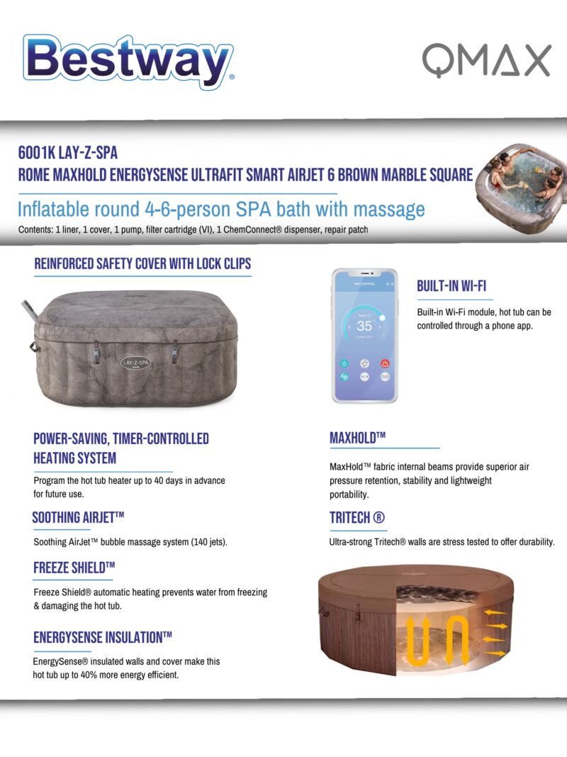 Bestway Lay-Z-Spa 1.80m x 1.80m x 71cm Rome MaxHold EnergySense UltraFit Smart AirJet 6 Brown Marble Square Inflatable Spa - 6001K - Image 9