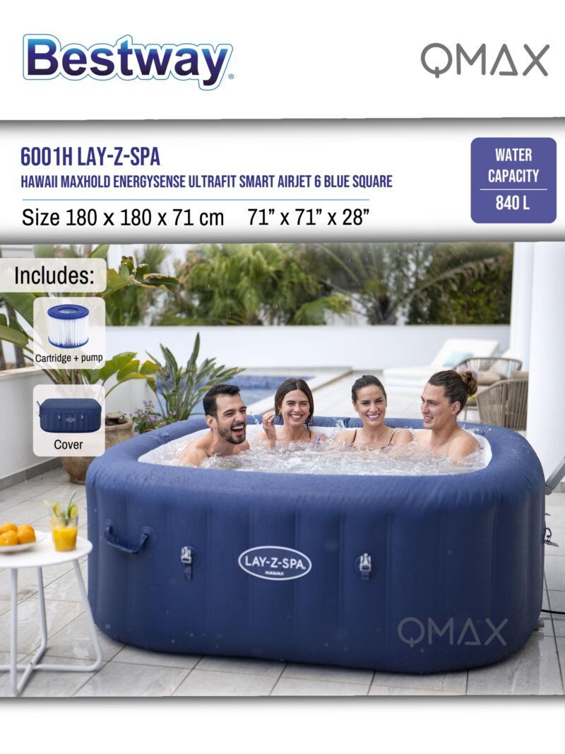 Bestway Lay-Z-Spa 1.80m x 1.80m x 71cm Hawaii MaxHold EnergySense UltraFit Smart AirJet 6 Blue Square Inflatable Spa - 6001H - Image 8
