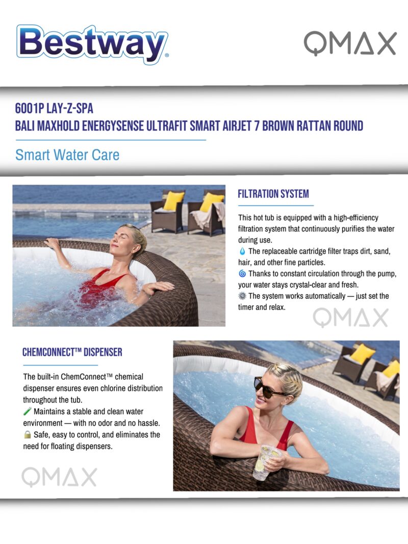 Bestway Lay-Z-Spa 2.16m x 71cm Bali MaxHold EnergySense UltraFit Smart AirJet 7 Brown Rattan Round Inflatable Spa - 6001P - Image 9