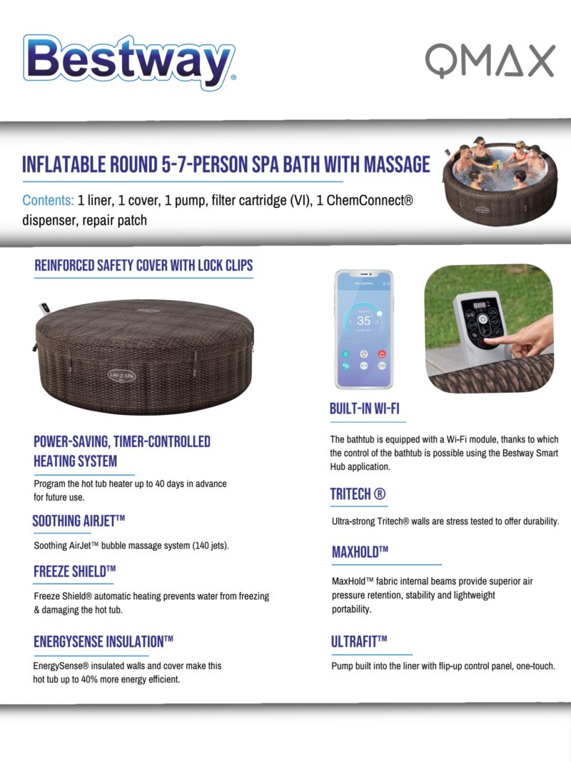 Bestway Lay-Z-Spa 2.16m x 71cm Bali MaxHold EnergySense UltraFit Smart AirJet 7 Brown Rattan Round Inflatable Spa - 6001P - Image 10