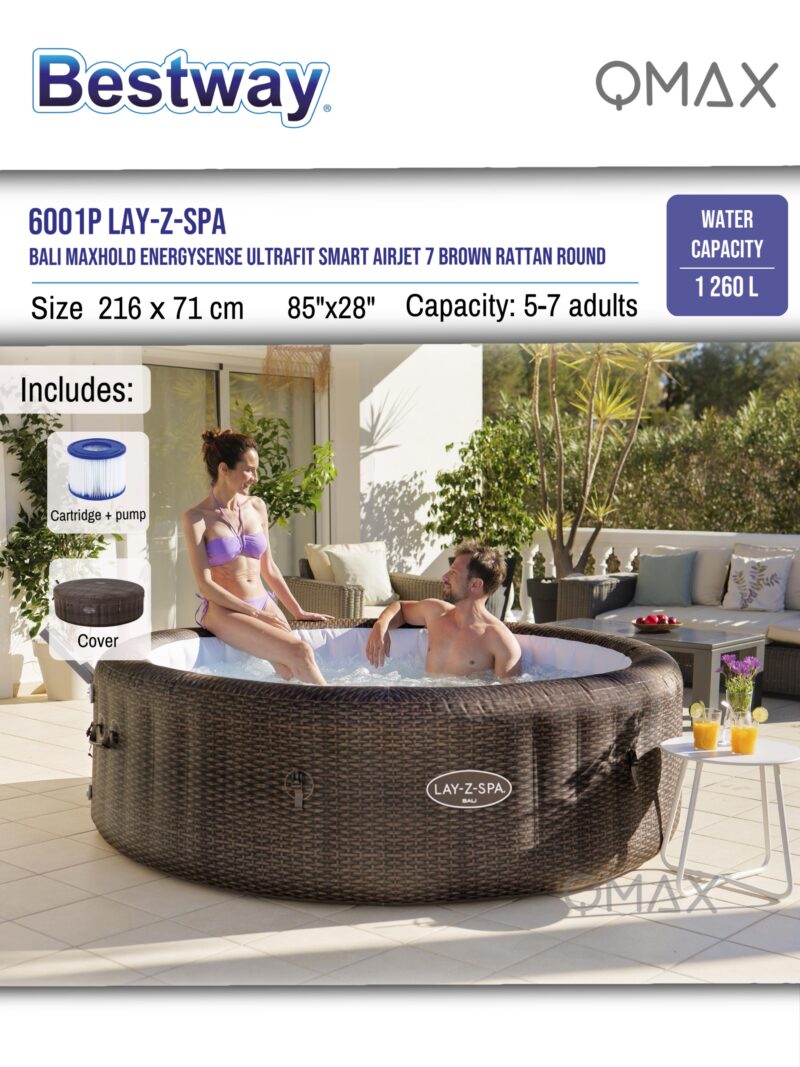Bestway Lay-Z-Spa 2.16m x 71cm Bali MaxHold EnergySense UltraFit Smart AirJet 7 Brown Rattan Round Inflatable Spa - 6001P - Image 8