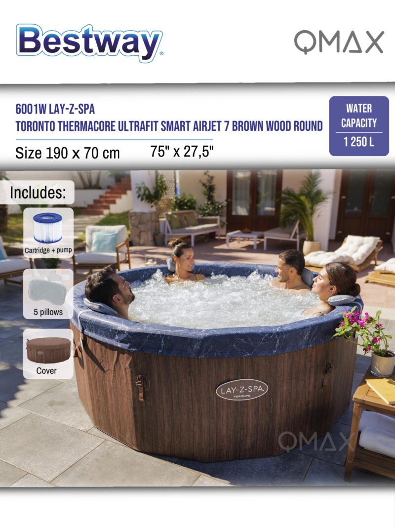 Bestway Lay-Z-Spa 1.90m x 70cm Toronto ThermaCore UltraFit Smart AirJet 7 Brown Wood Round Inflatable Spa - 6001W - Image 11