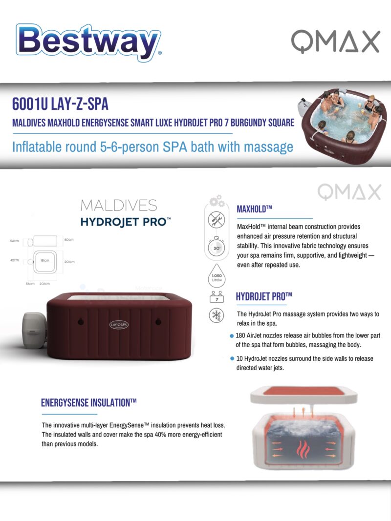Bestway Lay-Z-Spa 2.01m x 2.01m x 80cm Maldives MaxHold EnergySense Smart Luxe HydroJet Pro 7 Burgundy Square Inflatable Spa - 6001U - Image 12