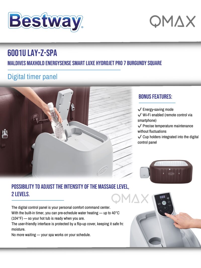 Bestway Lay-Z-Spa 2.01m x 2.01m x 80cm Maldives MaxHold EnergySense Smart Luxe HydroJet Pro 7 Burgundy Square Inflatable Spa - 6001U - Image 11