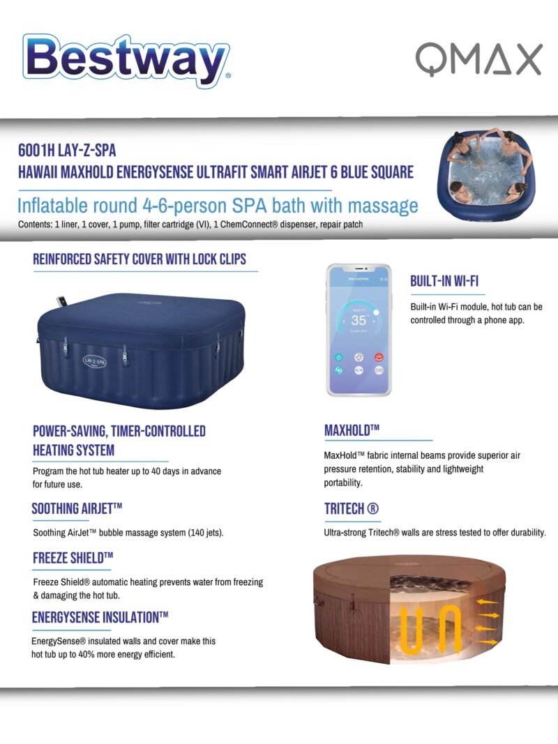 Bestway Lay-Z-Spa 1.80m x 1.80m x 71cm Hawaii MaxHold EnergySense UltraFit Smart AirJet 6 Blue Square Inflatable Spa - 6001H - Image 10