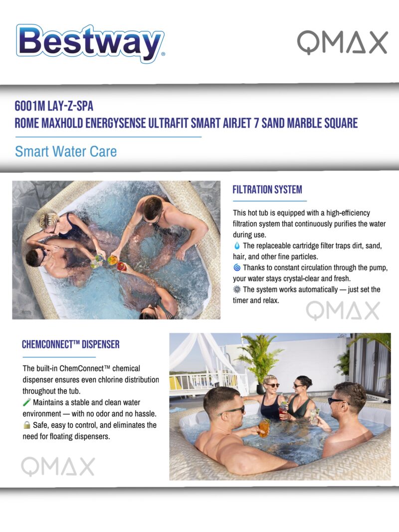 Bestway Lay-Z-Spa 2.01m x 2.01m x 71cm Rome MaxHold EnergySense UltraFit Smart AirJet 7 Sand Marble Square Inflatable Spa - 6001M - Image 9