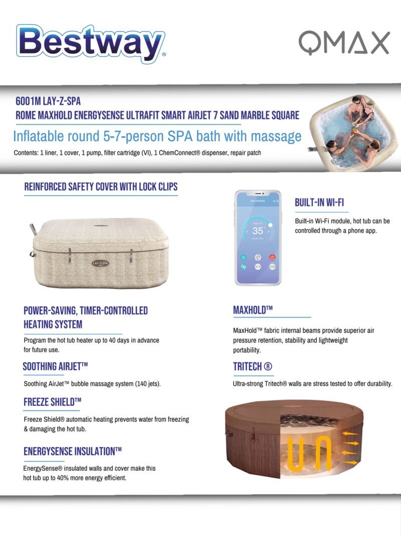 Bestway Lay-Z-Spa 2.01m x 2.01m x 71cm Rome MaxHold EnergySense UltraFit Smart AirJet 7 Sand Marble Square Inflatable Spa - 6001M - Image 10