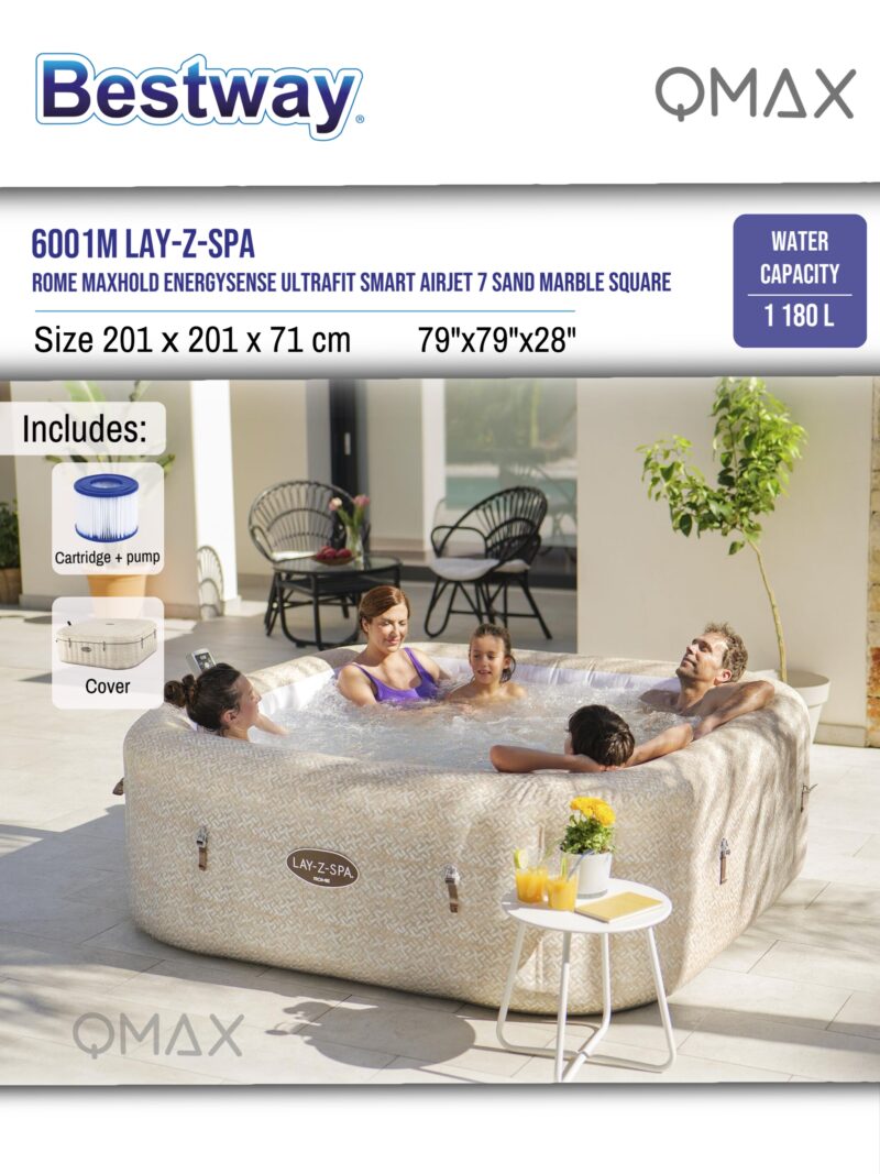 Bestway Lay-Z-Spa 2.01m x 2.01m x 71cm Rome MaxHold EnergySense UltraFit Smart AirJet 7 Sand Marble Square Inflatable Spa - 6001M - Image 8