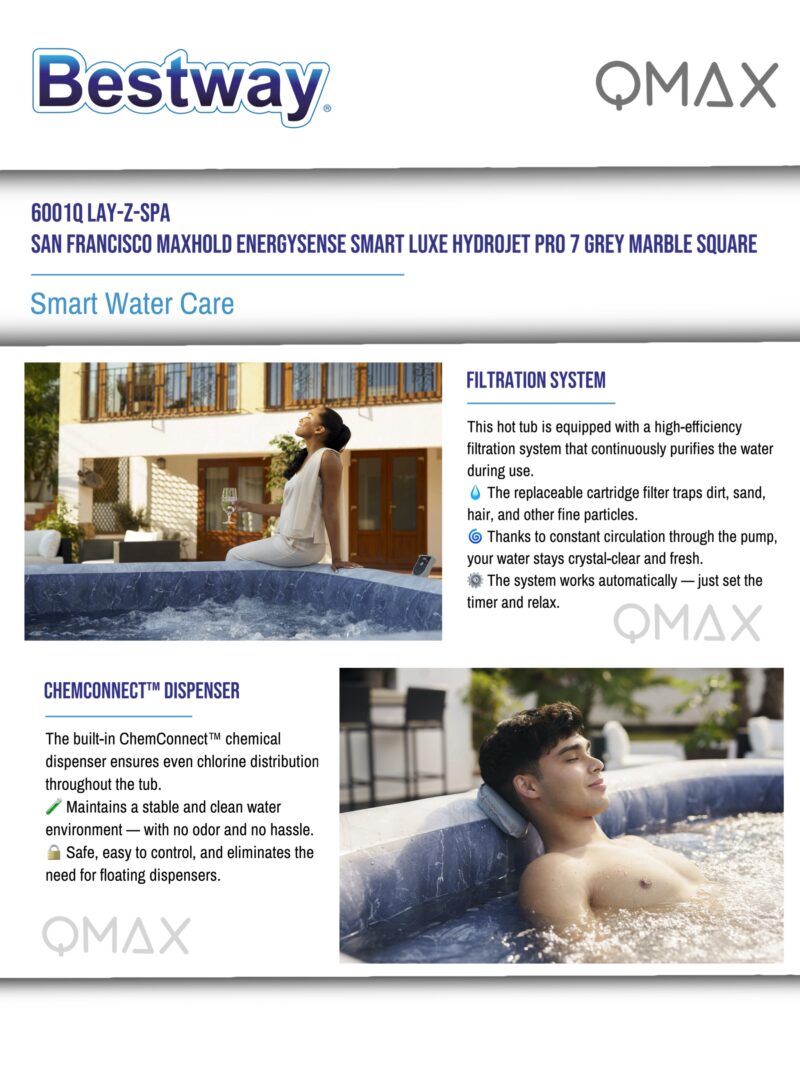 Bestway Lay-Z-Spa 2.30m x 2.30m x 71cm San Francisco MaxHold EnergySense Smart Luxe HydroJet Pro 7 Grey Marble Square Inflatable Spa - 6001Q - Image 10