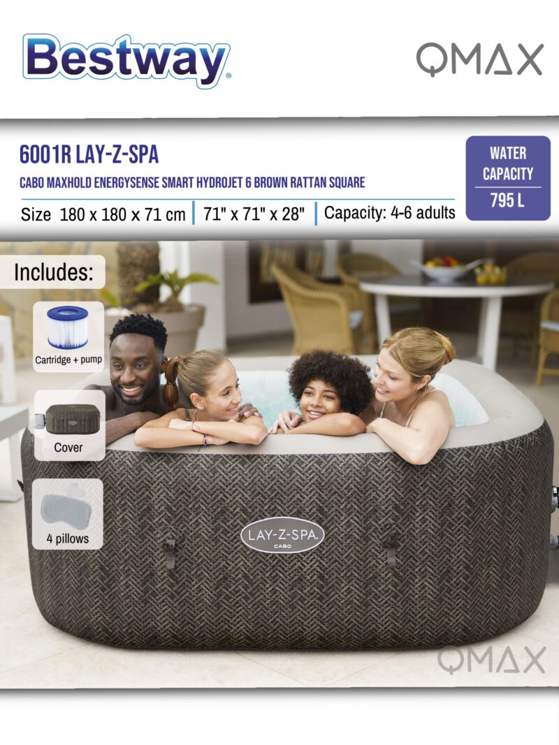 Bestway Lay-Z-Spa 1.80m x 1.80m x 71cm Cabo MaxHold EnergySense Smart HydroJet 6 Brown Rattan Square Inflatable Spa - 6001R - Image 9