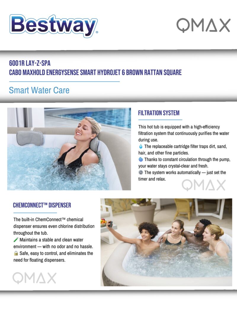 Bestway Lay-Z-Spa 1.80m x 1.80m x 71cm Cabo MaxHold EnergySense Smart HydroJet 6 Brown Rattan Square Inflatable Spa - 6001R - Image 11