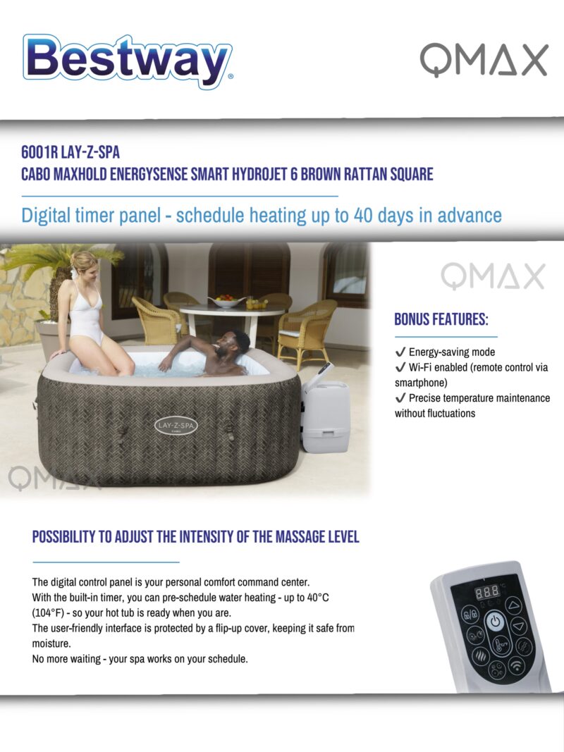 Bestway Lay-Z-Spa 1.80m x 1.80m x 71cm Cabo MaxHold EnergySense Smart HydroJet 6 Brown Rattan Square Inflatable Spa - 6001R - Image 10