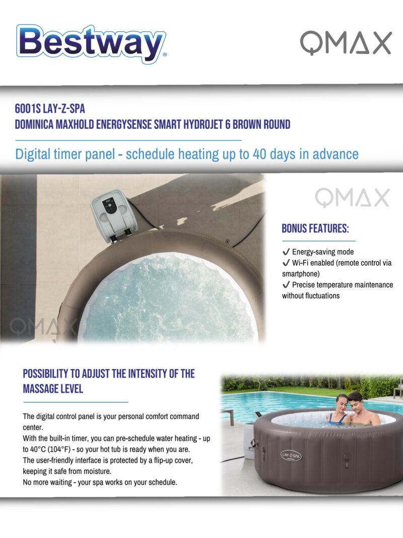 Bestway Lay-Z-Spa 1.96m x 71cm Dominica MaxHold EnergySense Smart HydroJet 6 Brown Round Inflatable Spa - 6001S - Image 10