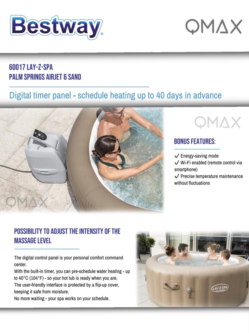 Bestway Lay-Z-Spa 1.96m x 71cm Palm Springs AirJet 6 Sand Inflatable Spa - 60017 - Image 11