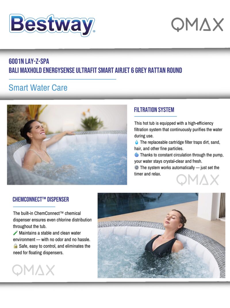 Bestway Lay-Z-Spa 1.96m x 71cm Bali MaxHold EnergySense UltraFit Smart AirJet 6 Grey Rattan Round Inflatable Spa - 6001N - Image 9