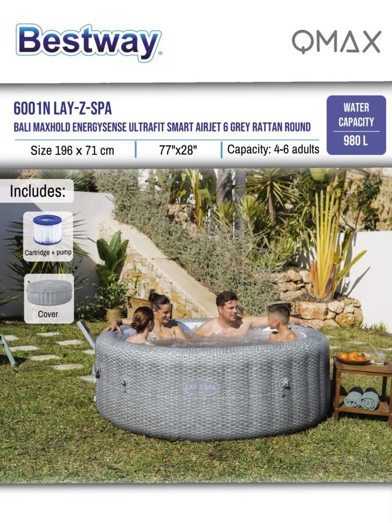 Bestway Lay-Z-Spa 1.96m x 71cm Bali MaxHold EnergySense UltraFit Smart AirJet 6 Grey Rattan Round Inflatable Spa - 6001N - Image 8