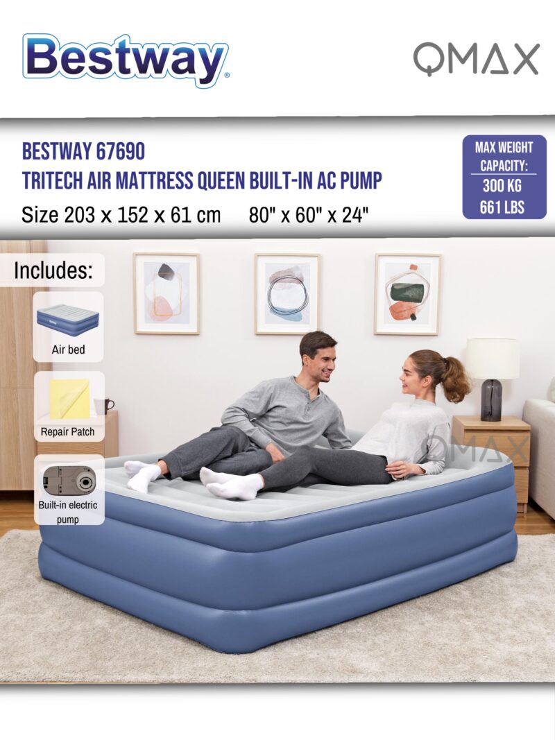 Bestway 2.03m x 1.52m x 61cm Tritech Air Mattress Queen Built-in AC Pump - 67690 - Image 4