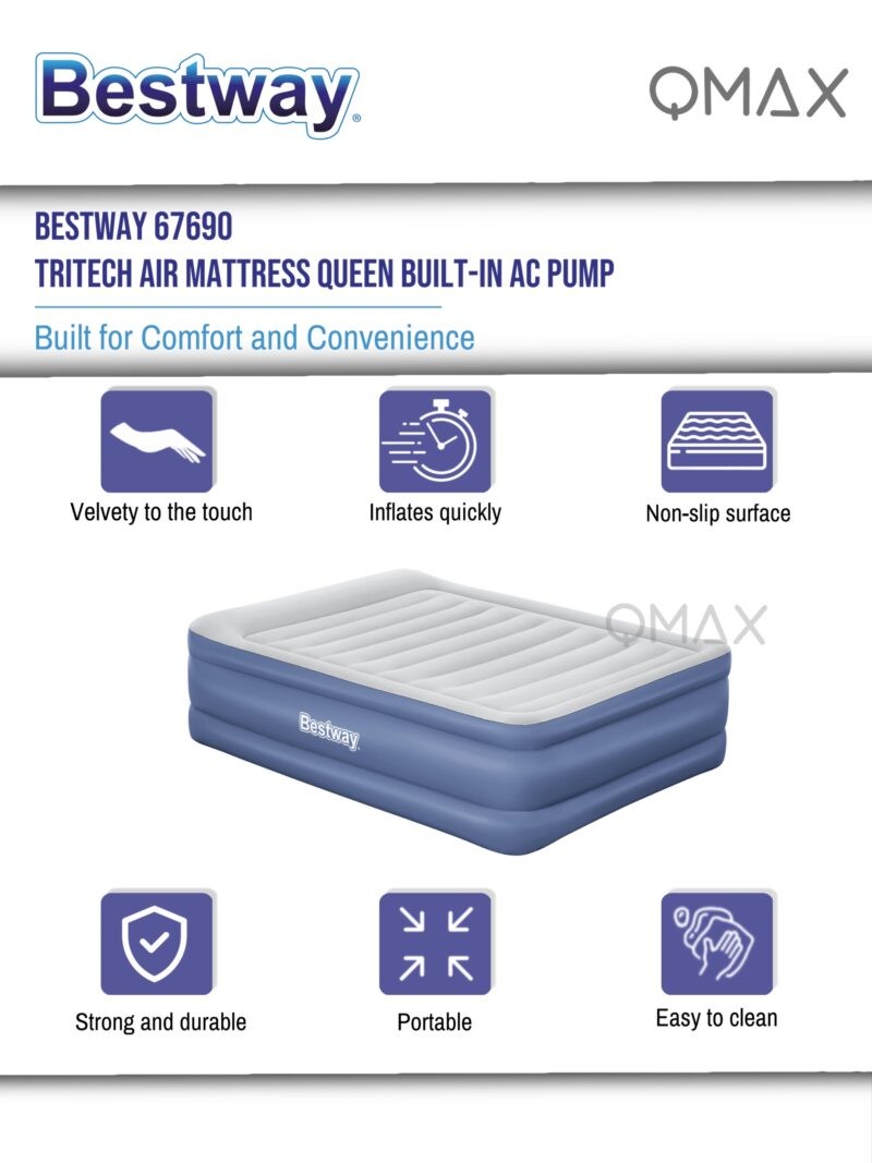 Bestway 2.03m x 1.52m x 61cm Tritech Air Mattress Queen Built-in AC Pump - 67690 - Image 5