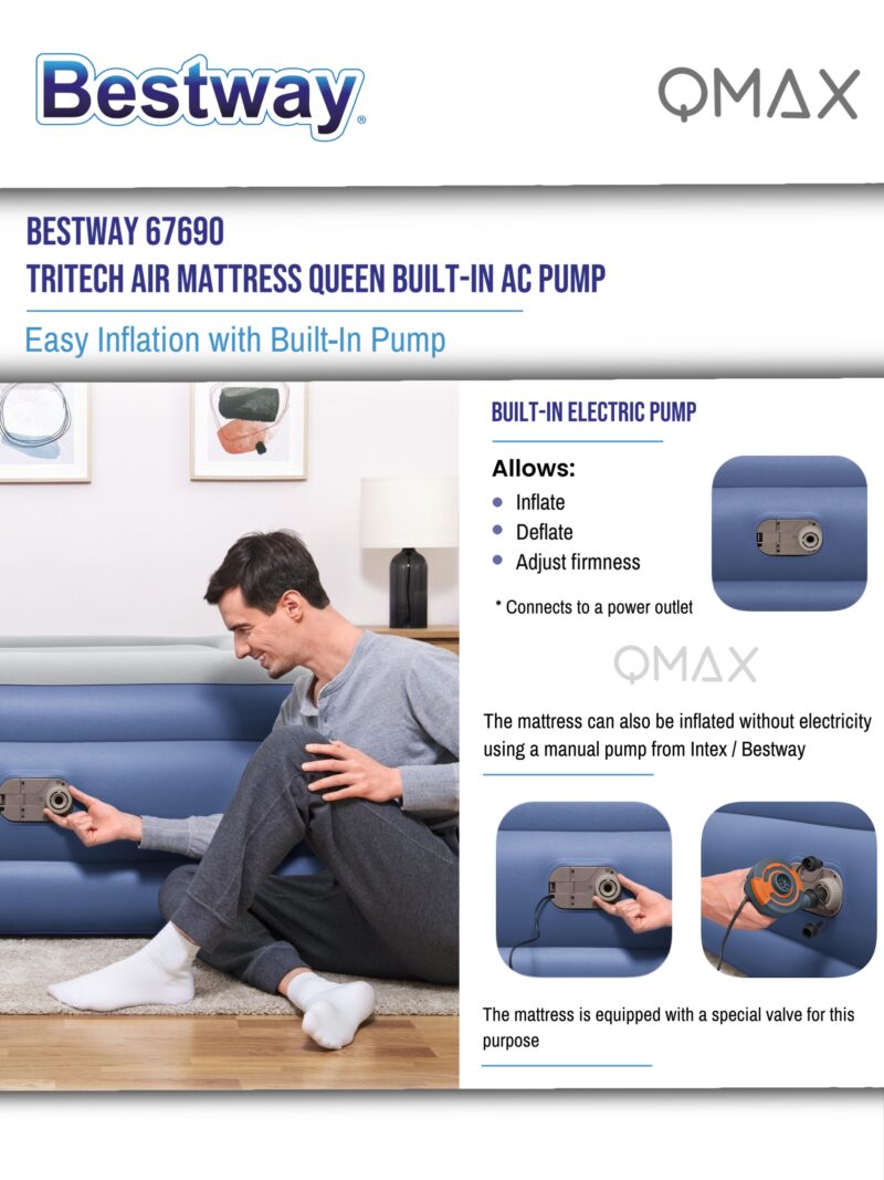 Bestway 2.03m x 1.52m x 61cm Tritech Air Mattress Queen Built-in AC Pump - 67690 - Image 6