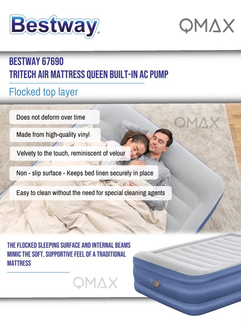 Bestway 2.03m x 1.52m x 61cm Tritech Air Mattress Queen Built-in AC Pump - 67690 - Image 7
