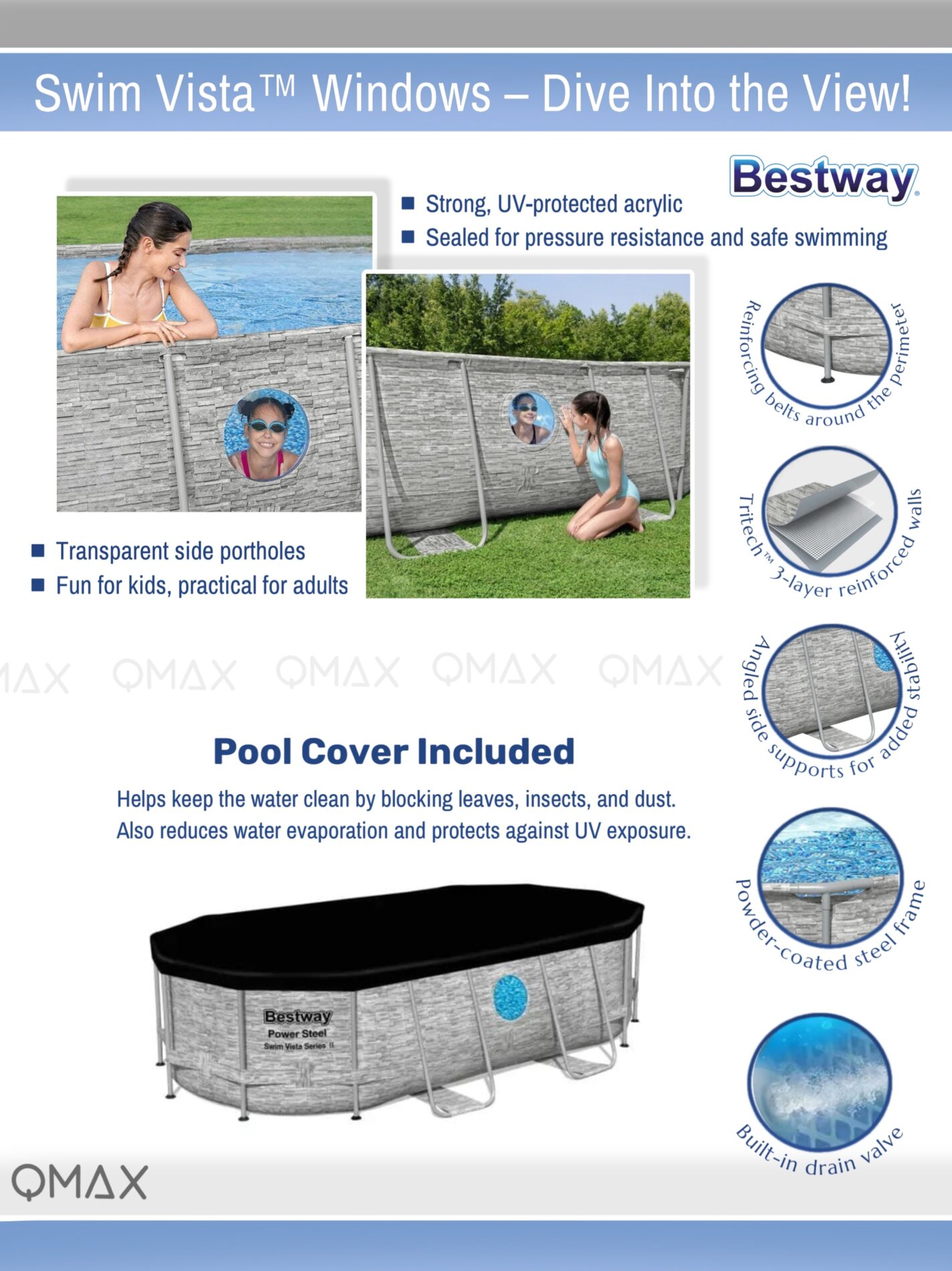 Bestway Above Ground Oval Swimming Pool set 4.27m x 2.50m x 1m Power Steel Swim Vista with 530gal Cartridge Filter - 56715 - Image 5