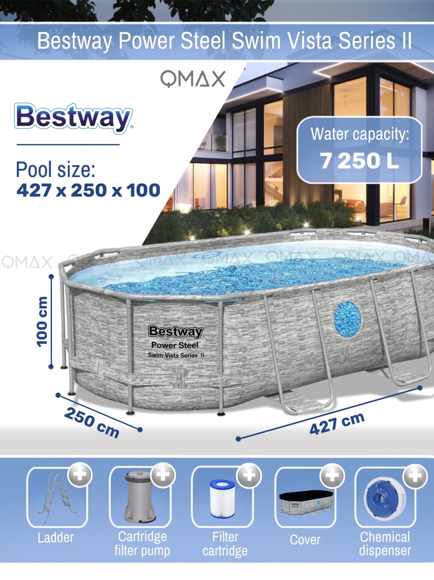 Bestway Above Ground Oval Swimming Pool set 4.27m x 2.50m x 1m Power Steel Swim Vista with 530gal Cartridge Filter - 56715 - Image 2