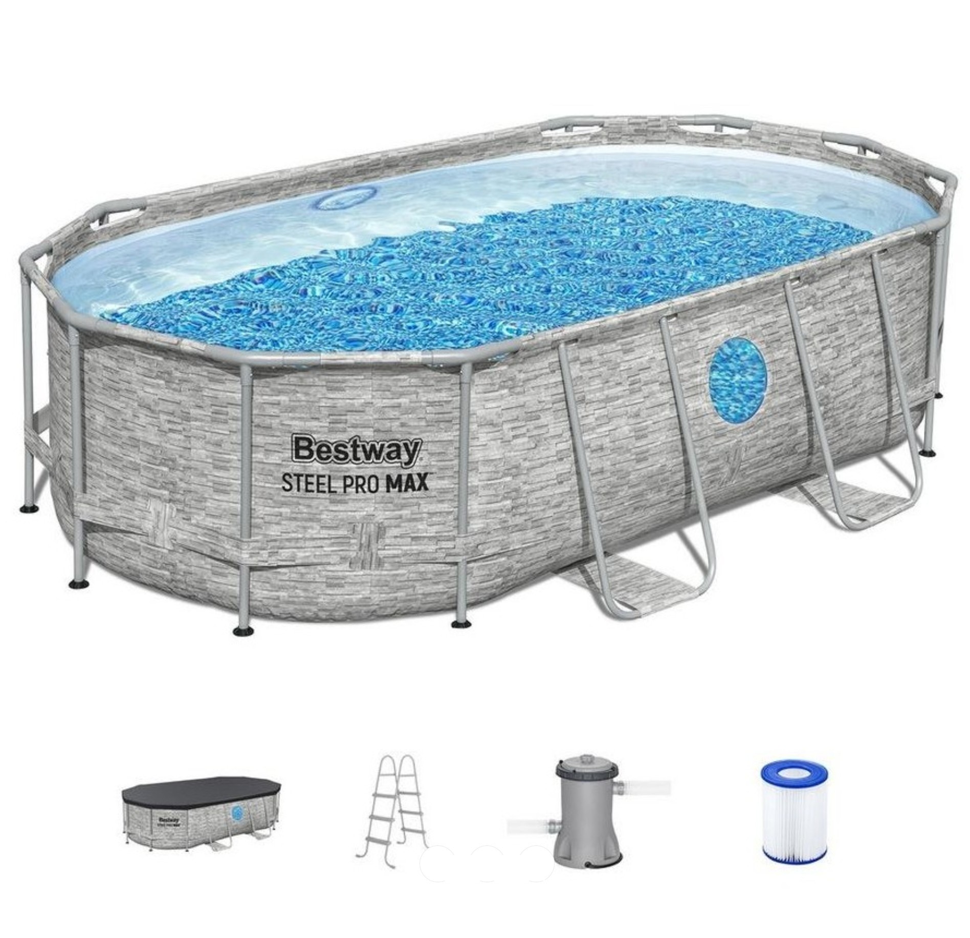 Bestway Above Ground Oval Swimming Pool set 4.27m x 2.50m x 1m Power Steel Swim Vista with 530gal Cartridge Filter - 56715