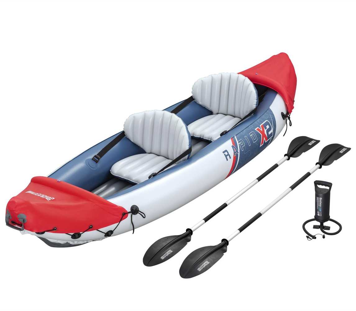 Bestway 3.21m x 1.00m Rapid X2 Inflatable Kayak for two with hand pump, paddles, seats, fins and Storage Bag - Image 2